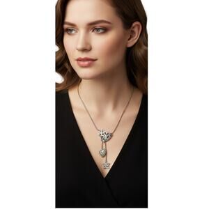 Signed Chico’s Pendant Necklace Silver Tone Heart Star Love Charms 8" Drop